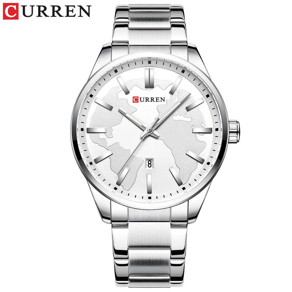 Brand Curren Quartz Horloges Voor Mannen Unieke Wijzerplaat Business Roestvrij Stalen Band Heren Horloge Klok Man: silver-white watch