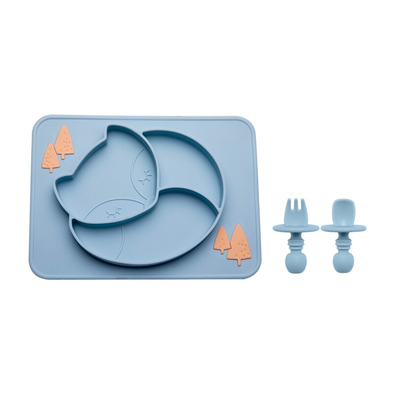 Juego de vajilla de alimentación para bebé, plato de comedor de zorro, cuchara de silicona, tenedor, impermeable, sin BPA, tazón de silicona de grado alimenticio, 3 unids/set: blue set