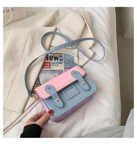 Women Flap Shoulder Messenger Bag Solid Color PU Leather Ladies Crossbody Bags Female Small Square Handbags Purse: pinkblue
