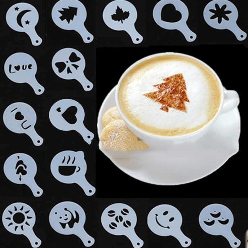 MICCK 16pcs Koffie Cappuccino Latte Art Barista Tools Stencils Cake Stofdoek Sjablonen Koffie Accessoires Gusto Koffie Afdrukken
