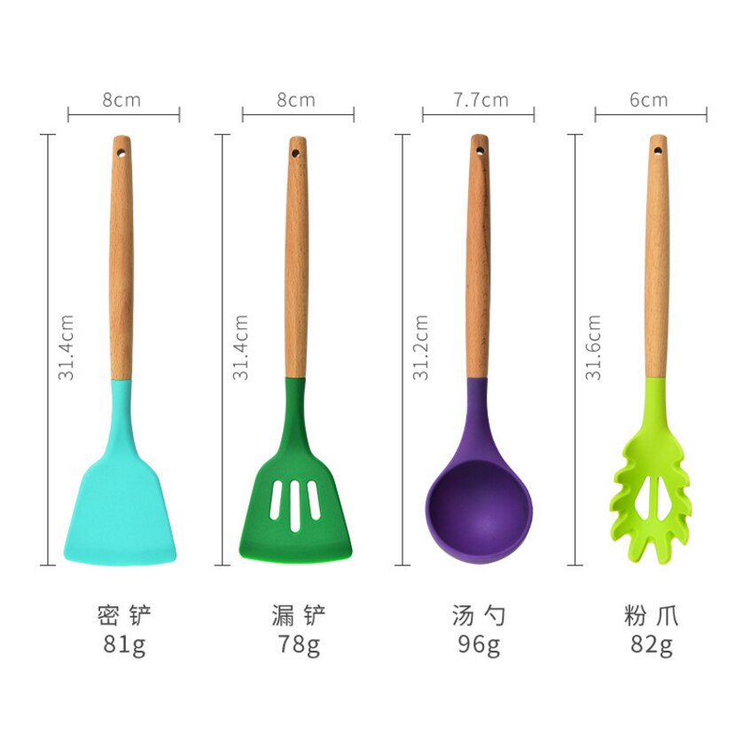 Ustensiles de cuisine en silicone, manche en bois, pelle antiadhésive, cuillère, ustensiles de cuisine, nouvelle couleur, ensemble d'ustensiles de cuisine