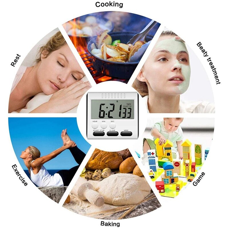 Hour Minute Second Count Up Countdown Digital Kitchen Timer, Big Digits, netic Backing, Retractable Stand, 3 Pack