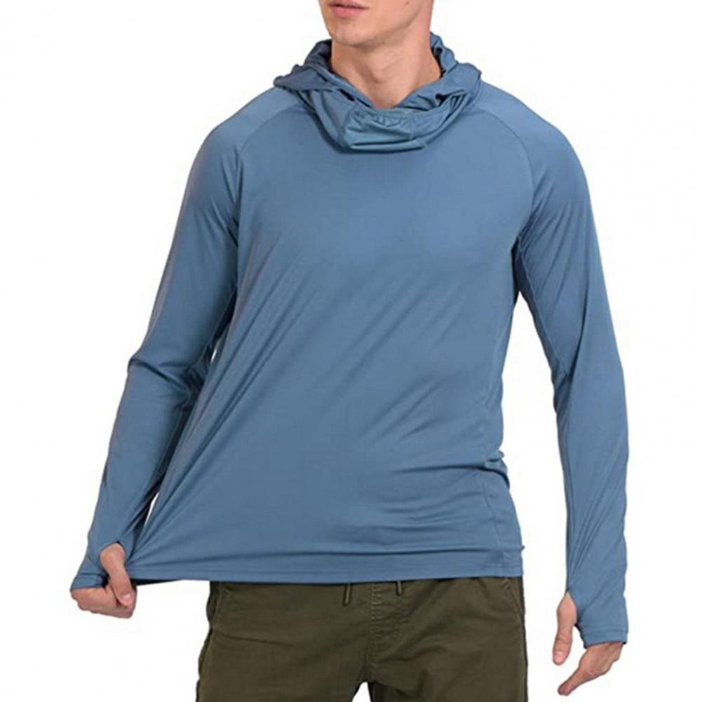 Camisa de pesca con capucha para hombre, camiseta de ciclismo fina de Color sólido, elástica, ligera, con agujero para el pulgar, para exteriores, senderismo, escalada y ciclismo
