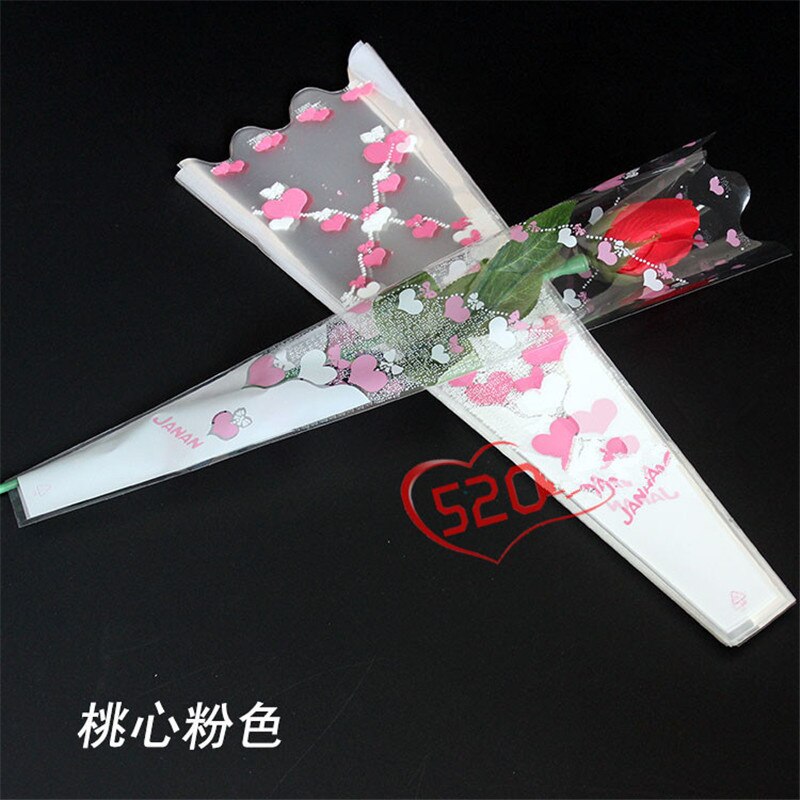 100pcs mini Transparency Bag Rose Single Flower Bag Bouquet Wrapping Paper Plastic Opp Bag Floral Packaging Materials Accessory: heart Pink
