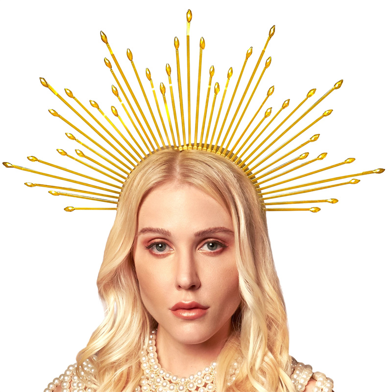 Diosa Halo corona Sunburst Diadema con pinchos dorados con diamantes de imitación para mujer, accesorios para sesión de fotos de boda y Halloween