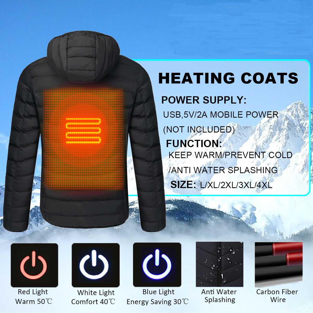 Abrigo de algodón con calefacción eléctrica para hombre y mujer, chaqueta calefactable con carga USB y capucha extraíble para caminar, acampar, pescar y esquiar