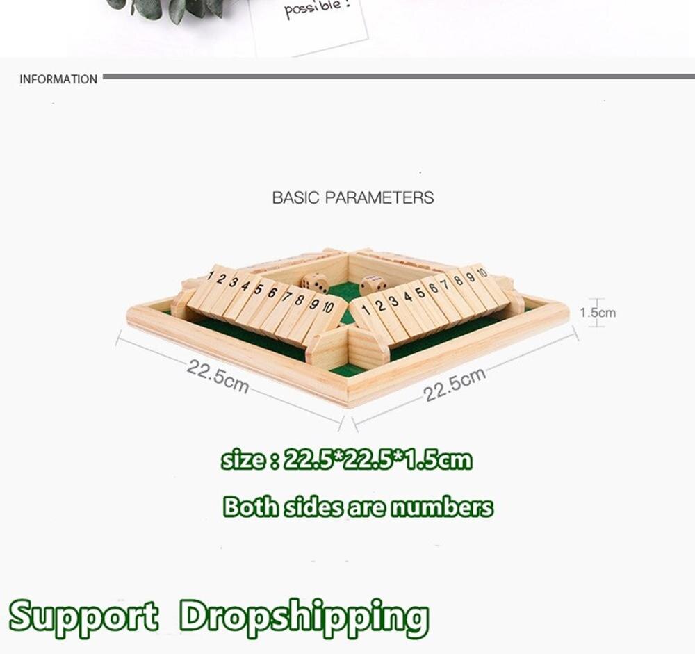 Shut The Box Dice Board Game 4 Sided 10 Number Wooden Flaps & Dices Game Set for 4 People Pub Bar Party Supplies