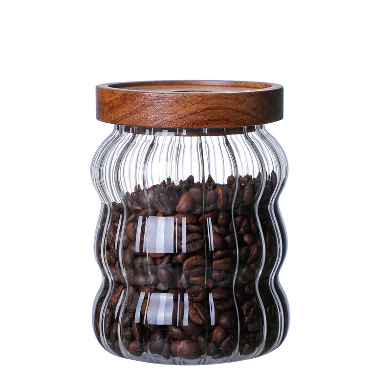 Tarro de almacenamiento de Vidrio Curvo , botella sellada, tarro de caramelo de grano de café con tapa de madera, contenedor de vidrio artesanal para decoración del hogar
