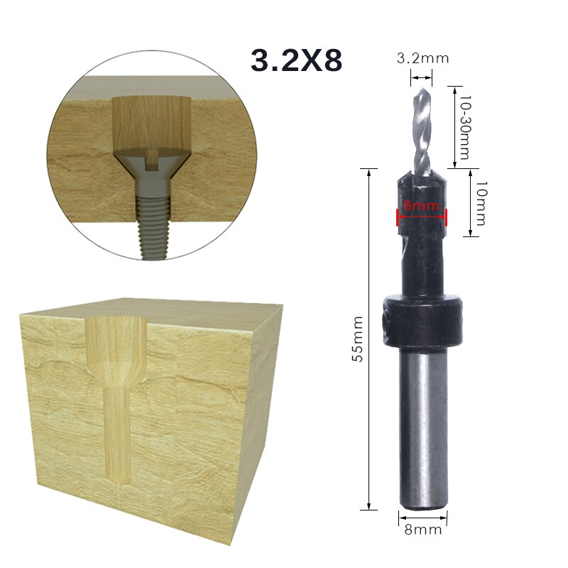 1Pcs 8Mm 10Mm Shank Hss Houtbewerking Countersink Router Bit Set Tapeinduithalerset Remon Sloop Voor Hout Frezen cutter: 8mmShank 3.2mmX8mm