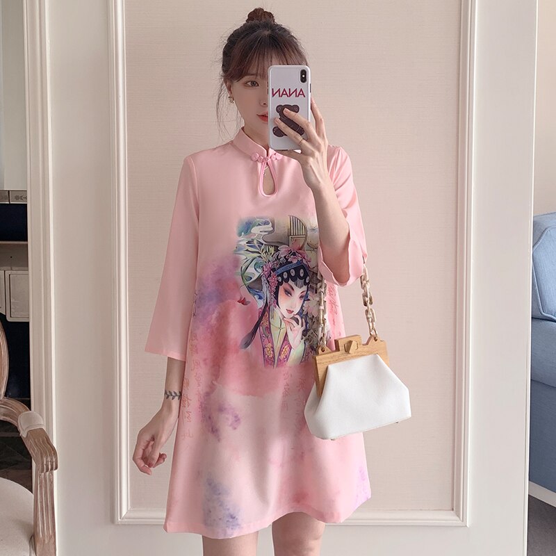 Qipao-vestido de talla grande de M-4XL para mujer, ropa china tradicional, rosa, holgada, moderna, de manga corta, para Año ,