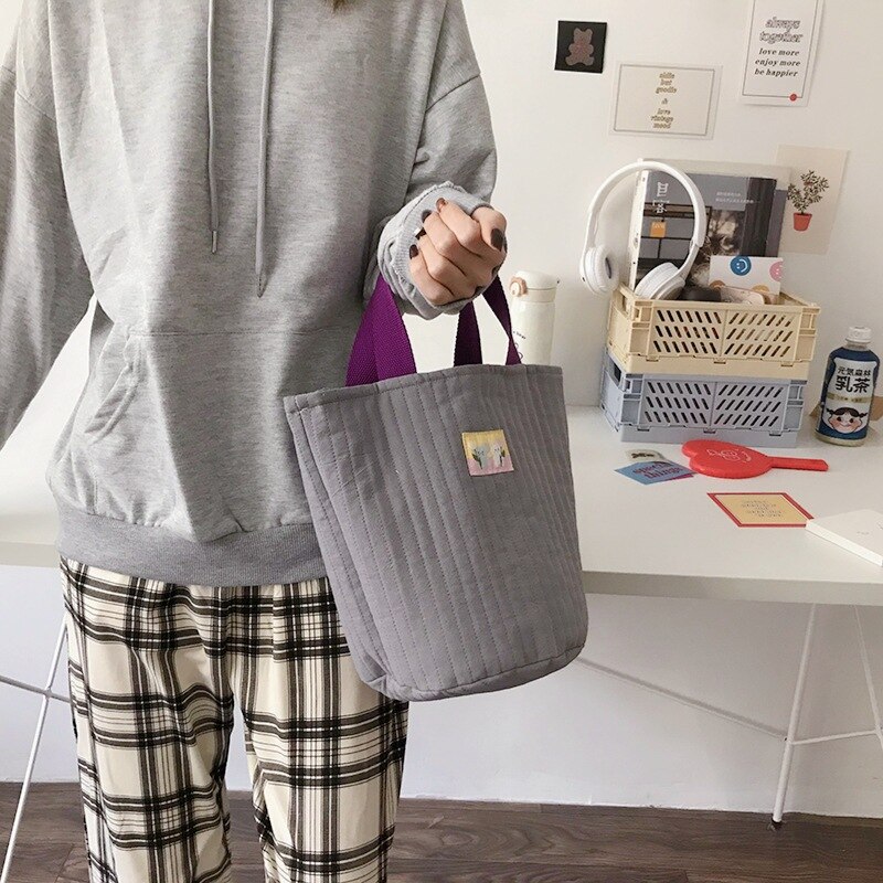 Katoenen emmertas gestreepte gewatteerde schoudertassen crossbody trekkoord kleine tas warme canvas draagtas voor dames
