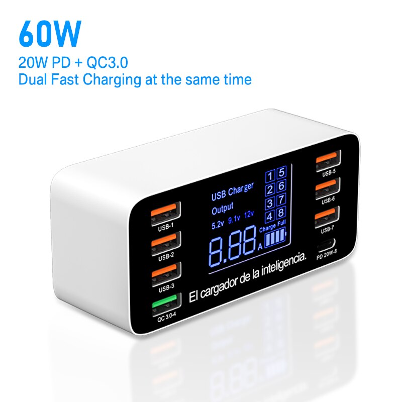 60w usb-handyladegeräte mit 8 usb-c-anschlüssen ,  qc3.0 pd usb-c-schnellladegeräte mit schnellladefunktion, 3.0 intelligente ladestationen mit led-anzeige und netzteil: Au-stecker / 60w usb-ladeanschlüsse