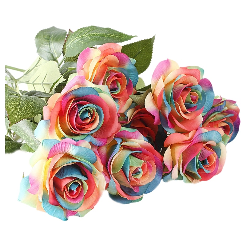 10 Pcs Latex Real Touch Rose Decor Rose Kunstmatige Bloemen Zijden Bloemen Wedding Boeket Bloemen (Regenboog Kleur)