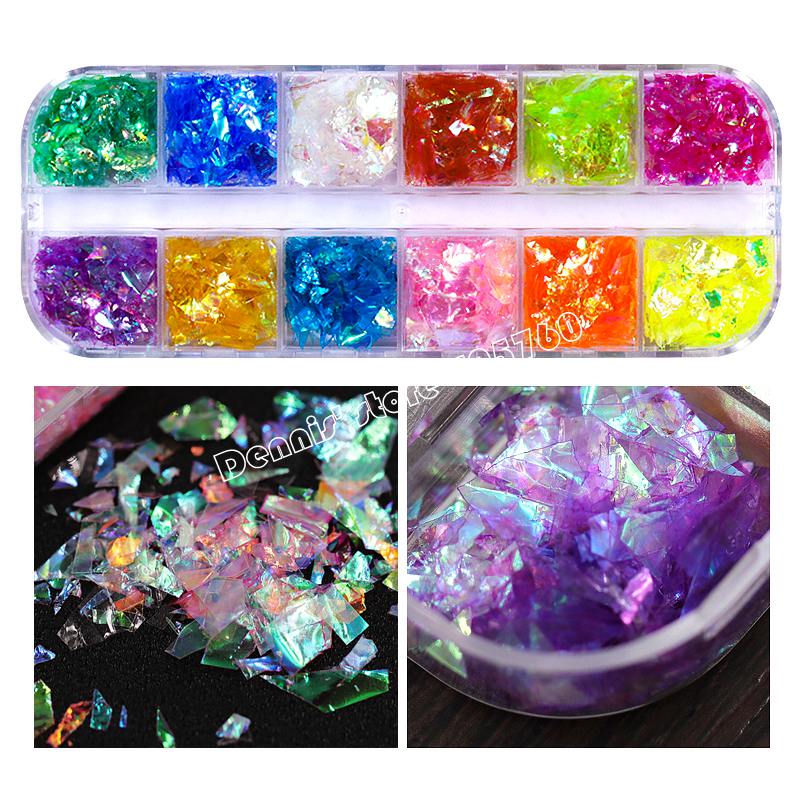 12 kleuren Shiny Nail Glitter Ice Mylar Folie Shell Papier Nail Art Slice Decoraties Make DIY Salon Set Manicure CF
