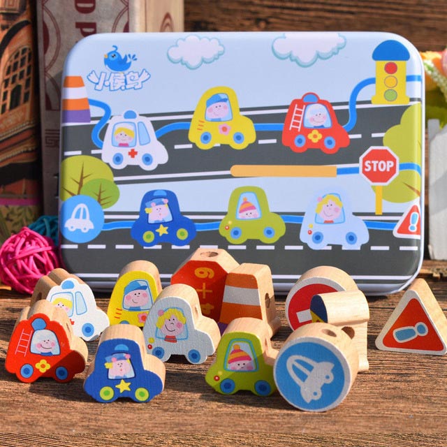 Logwood trælegetøj baby diy legetøj tegneserie frugt dyresnor trådning træperler legetøj monterssori lærerigt for børn: Trafik
