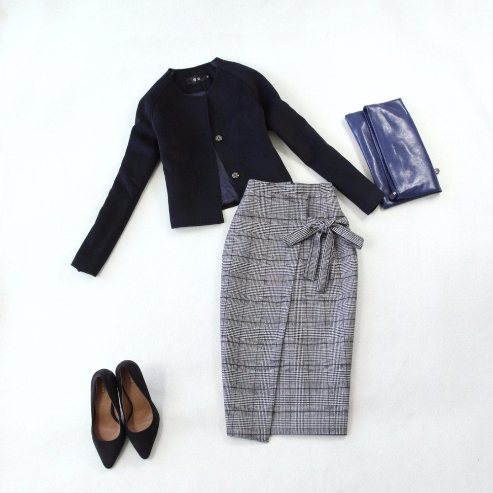 Women's autumn winter blue short jacket high waist pencil skirt woolen skirt suit office clothes blazer office uniform