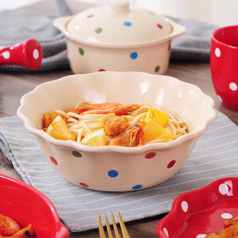 Color esmalte de vajilla de puntos fruta y arroz de cerámica plato de postre plato de ensalada de carne bandeja para hornear asado de encargarme de la cena vajilla
