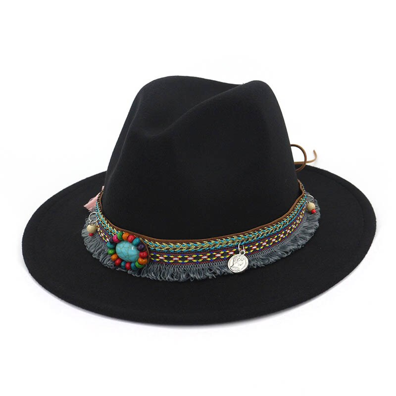 Gorros de para mujer, estilo bohemio, sombreros de lana para Primavera Verano, playa, DO2: black