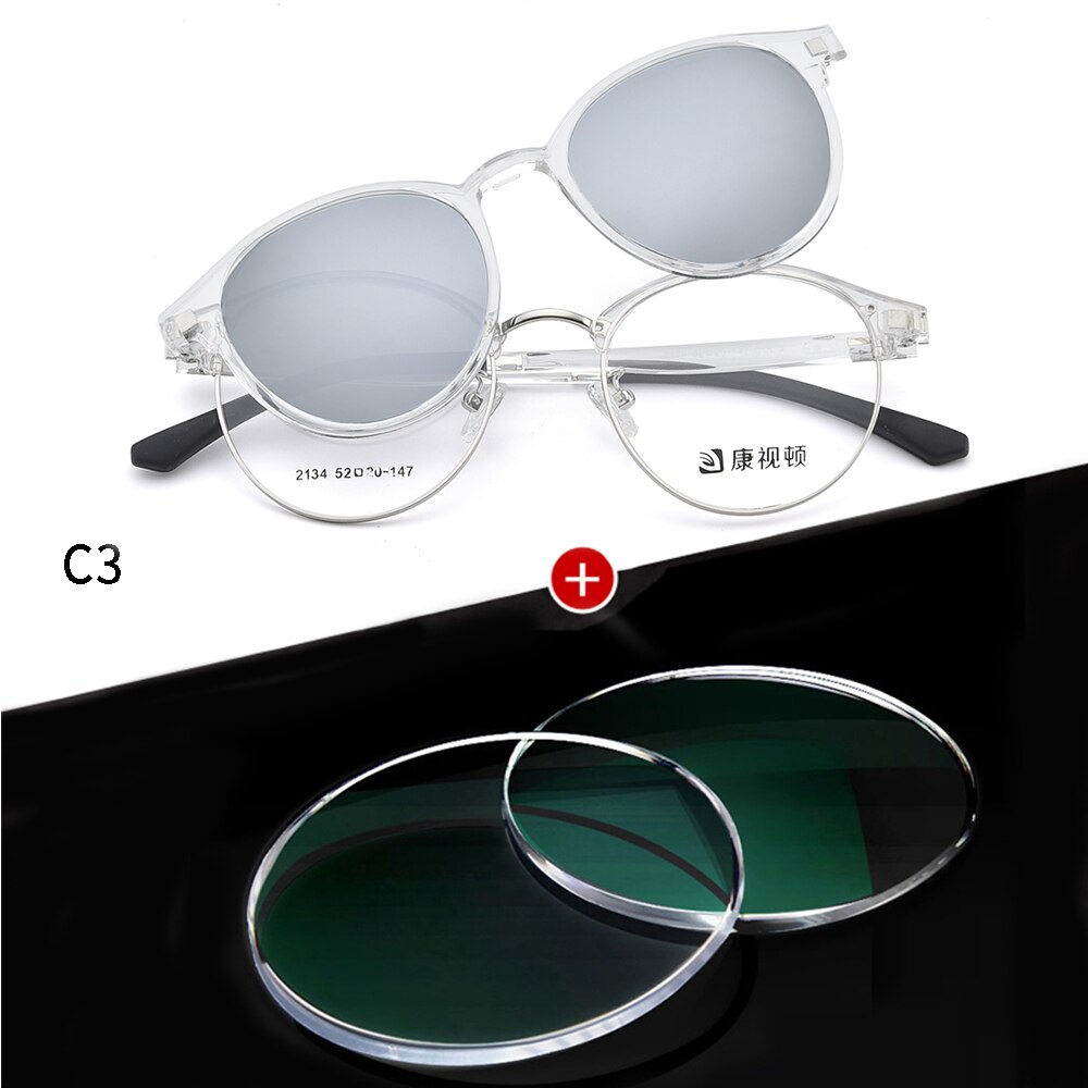 2 in 1 Eyeglasses with Clip on Sunglasses Women Glasses with Magnetic Sunglasses Round Glasses with Lenses 2134: C3 with Lenses