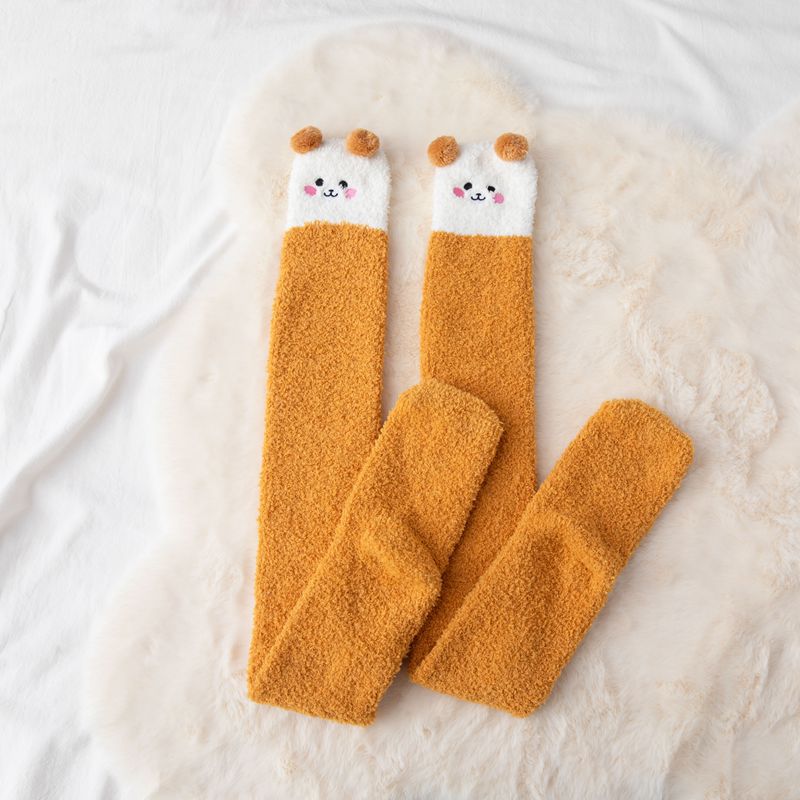 Winter Soft Coral Fleece Women Thigh High Socks Cute Cartoon Animals Panda Cat Bear Over Knee High Ladies Girls Long Socks Home: style 1 yellow