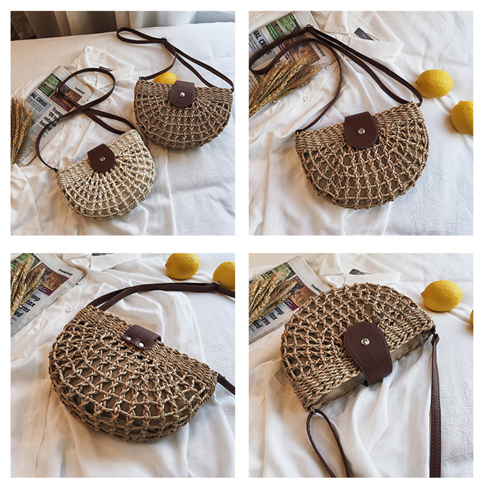 Straw Bag Women Hand-Woven Hollow Handbag Moon Shape Rattan Bag Big Capacity Drawstring Handbag Casual Travel Beach Bag