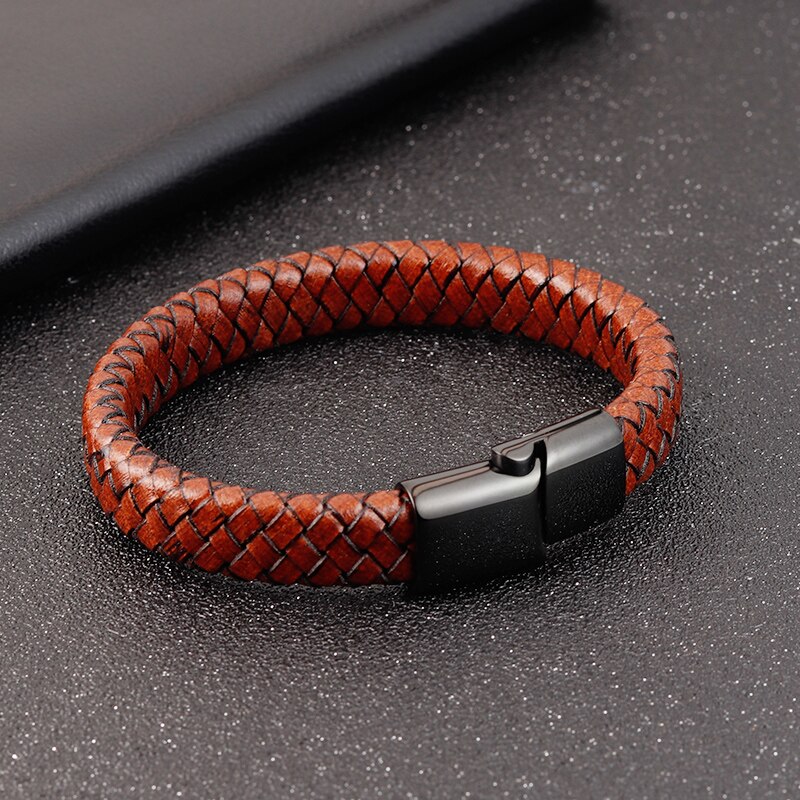 Schmuck Kombination Braun Farbe Leder Edelstahl Schnalle Männer Armbinde Für Geburtstag Einfache