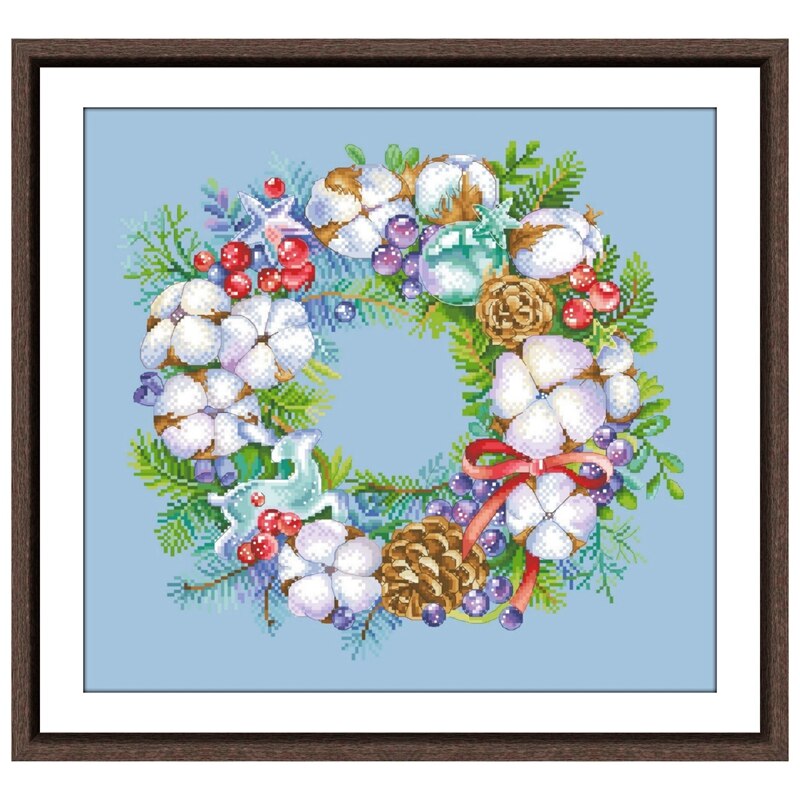 Christmas red flower wreath cross stitch kit package 14ct 11ct sky blue fabric cloth cotton thread embroidery DIY handmade
