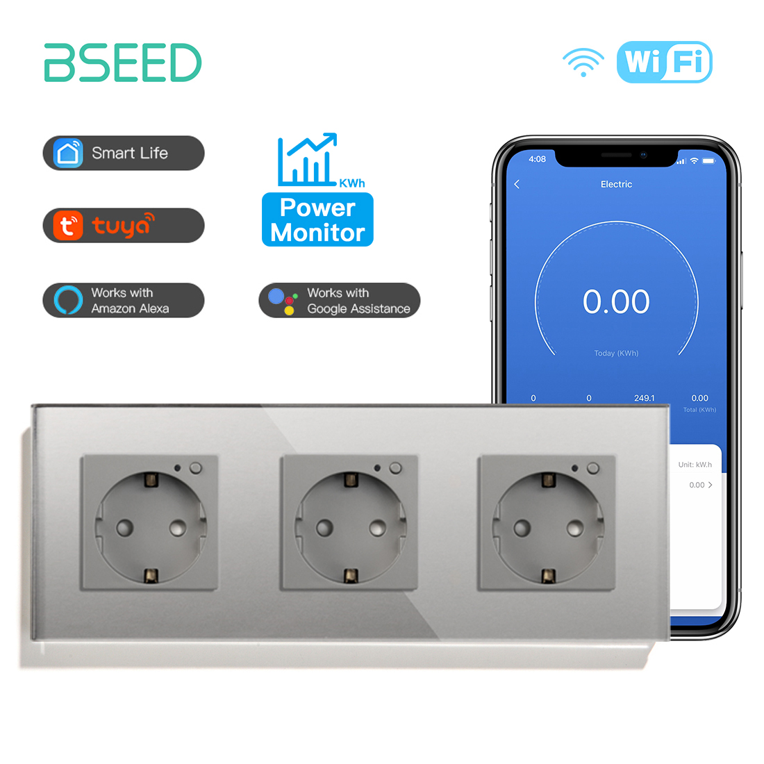 BSEED EU Wall Socket Tuya Smart Socket Wifi Electrical Outlets Power Monitor Google Smart Life Alexa Voice Control Glass Panel: TYPE2