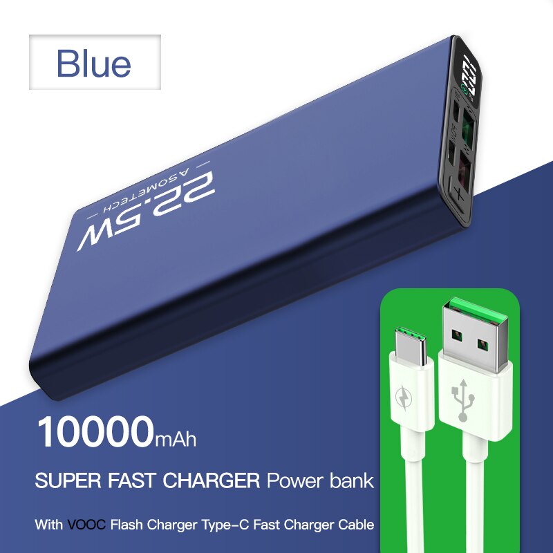 10000mAh Energie Bank 22,5 W QC 4,0 PD VOOC 5A schnell aufladen Energie USB Typ C Zwei-weg schnelle Ladung Externe Batterie Ladegerät: Blau-VOOC Kabel