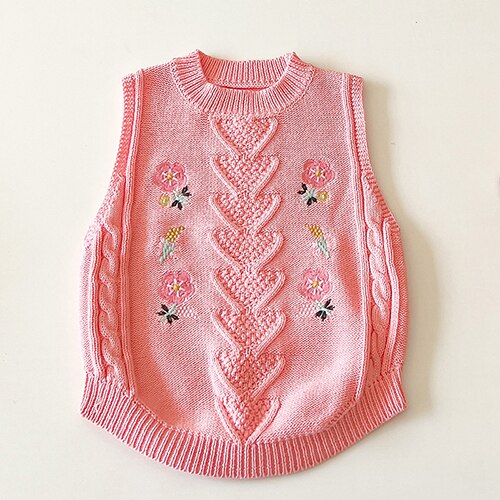Pulls de Style coréen pour enfants, pull tricoté, hauts pour bébés filles, gilet tricoté, sans manches, broderie de fleurs, printemps automne: GZ258 Pink / 6M