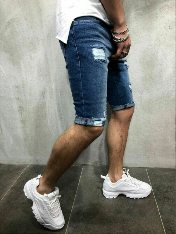 Miesten ahdistunut rip värillinen farkut lyhyt housut denim repäisi shortsit rento fit housut plus koko