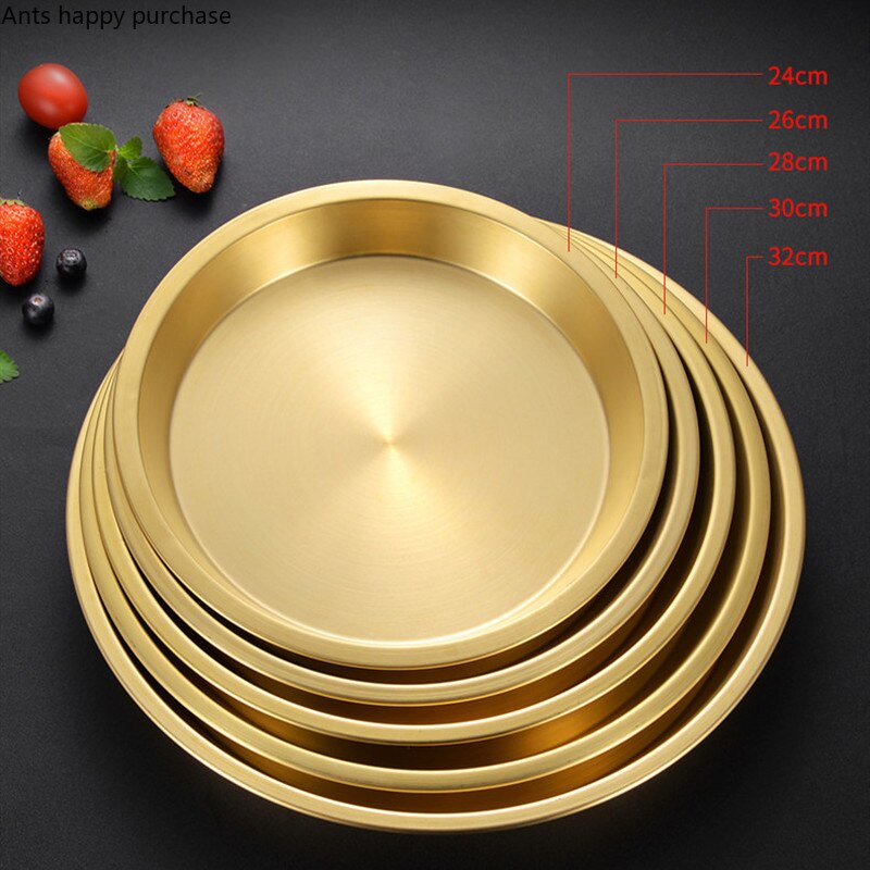 Thicken Brass Round Plate Cake Dessert Metal Plate Fruit Dish Home Steamed Fish Yellow Bronze Kitchen Supplies Dinner Plates