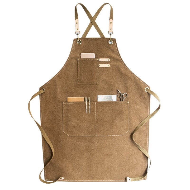 Barber Canvas Cook Apron Barista Bartender Chef Hairdressing Apron Catering Uniform Work Wear Anti-Dirty Overalls: Dark Khaki