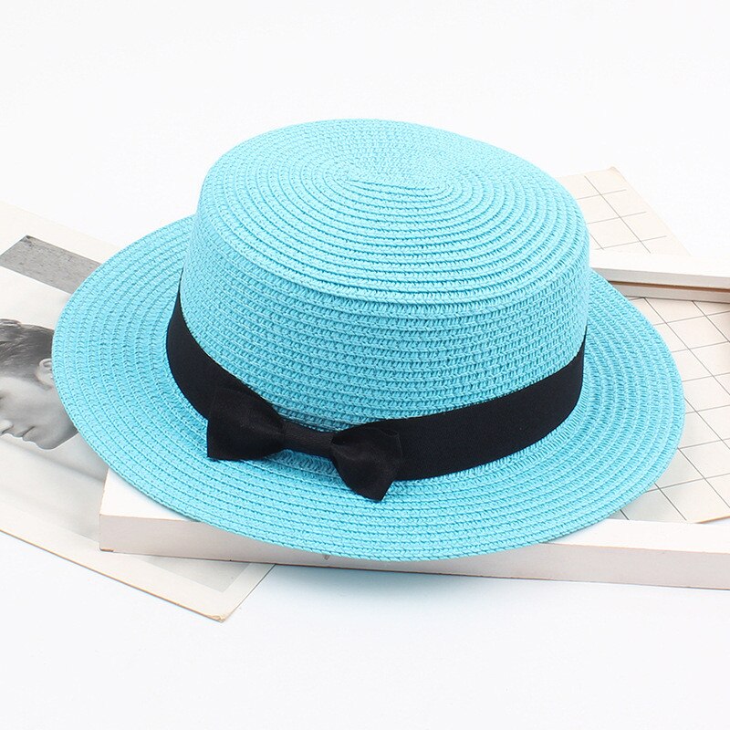 Ladies Summer Solid Top Hat Sun Visor Sun Straw Beach Hat Female Casual Panama Hat Lady Brand Women Flat brim Bowknot Straw cap: Sky Blue