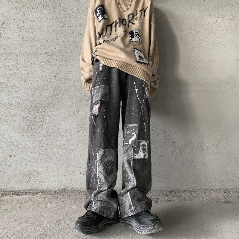 UNCLEDONJM Cashew Flower Patchwork jeans denim black jeans men baggy jeans women Graffiti hip hop jeans loose men clothing Ygh01