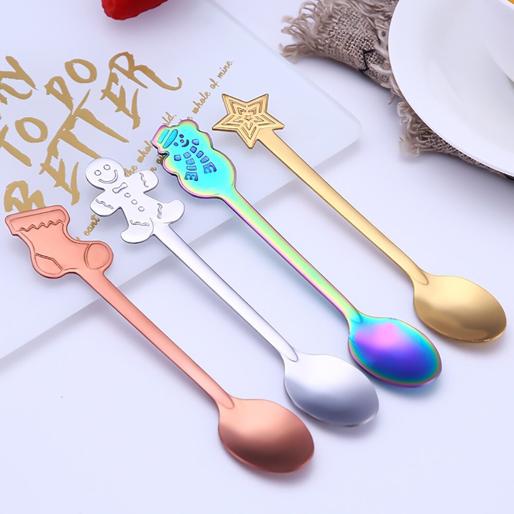4Stck Edelstahl bunte Weihnachten Kaffee Löffel Griff Löffel Besteck Eis Trinken Werkzeug Weihnachten Hütte Besteck H5