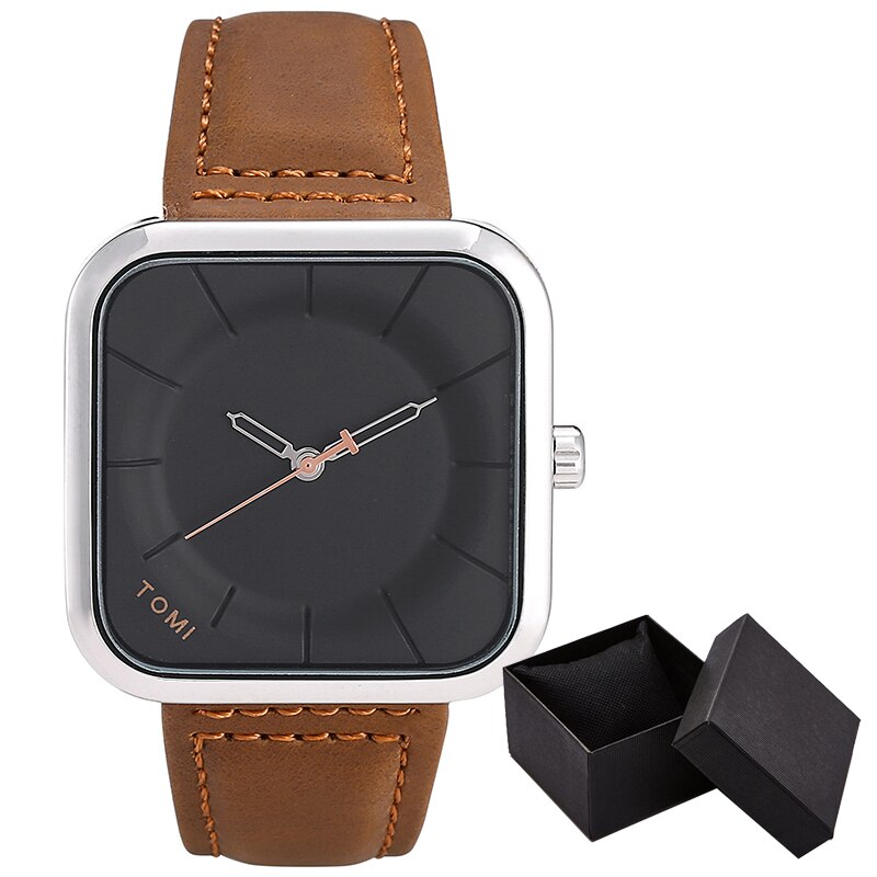 Casual Watch for Men Simple Square Dial Case Men Quartz Wrist Watches Leather Wristwatch Mens Minimalist Black Brown Clock: 01 WITHBOX