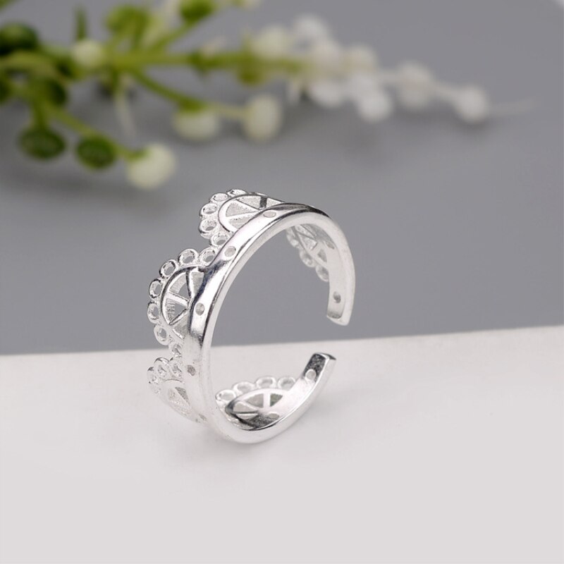 925 Sterling Silver Literary Crown Sweet Fresh Temperament Personality Korea Female Resizable Opening Rings SRI133