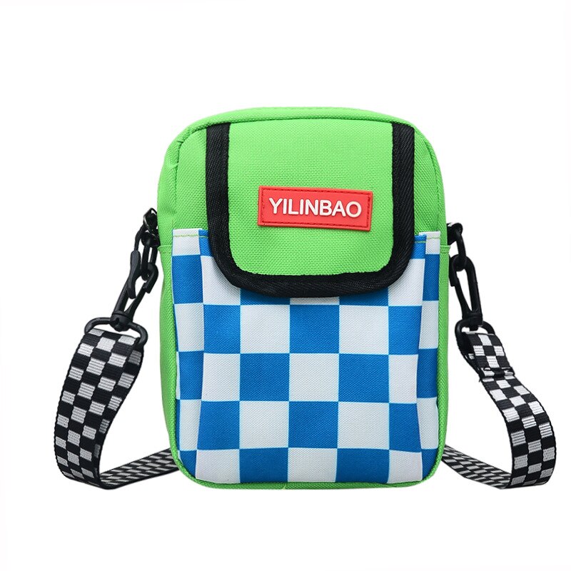 Harajuku Plaid Panelled Shoulder Messenger Bags Women Crossbody lattice Student Schoolbag Unisex Couples Riding bag Phone pocket: green