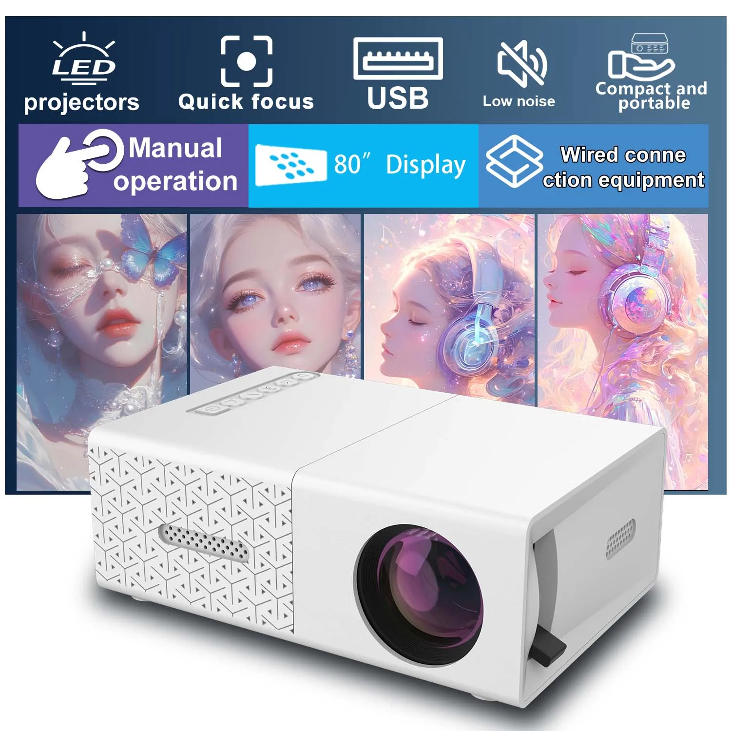 Projektor Tragbarer HD-Projektor, USB- und HDMI-Eingang, kompaktes Mini-Heimkino-Filmvideo für den Innen- und Außenbereich: US-Stecker
