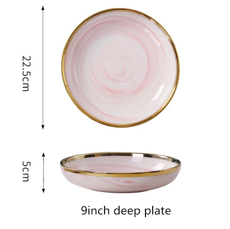 Double-sided Gilt Rim Pink Marble Pattern Porcelain Dinner Plate Salad Noodles Bowl Spoon Ceramic Kitchen Tableware 1Pcs: 9inch deep plate