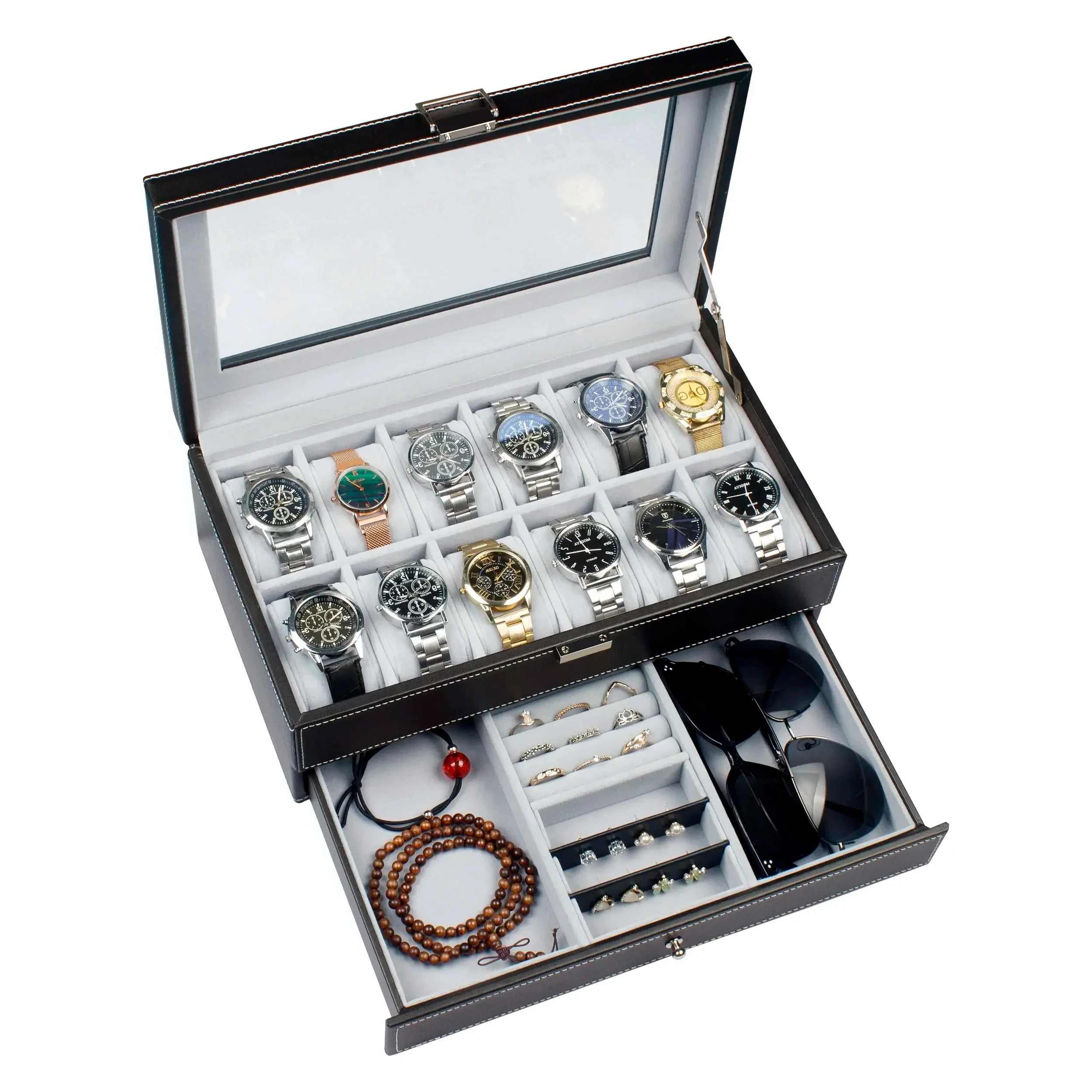 Watch Box 12 Slot Watch Display Organizer & 6 Glasses Organizer Case PU Leather Jewelry Case Drawer Glass Birthday for Men Women