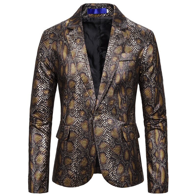 Bronzing Snake Printed Blazer Mens Suits Tuxedos Club Bar Wear Best Man Blazer Business Groomsman Slim Casual Jacket: Gold / XXL