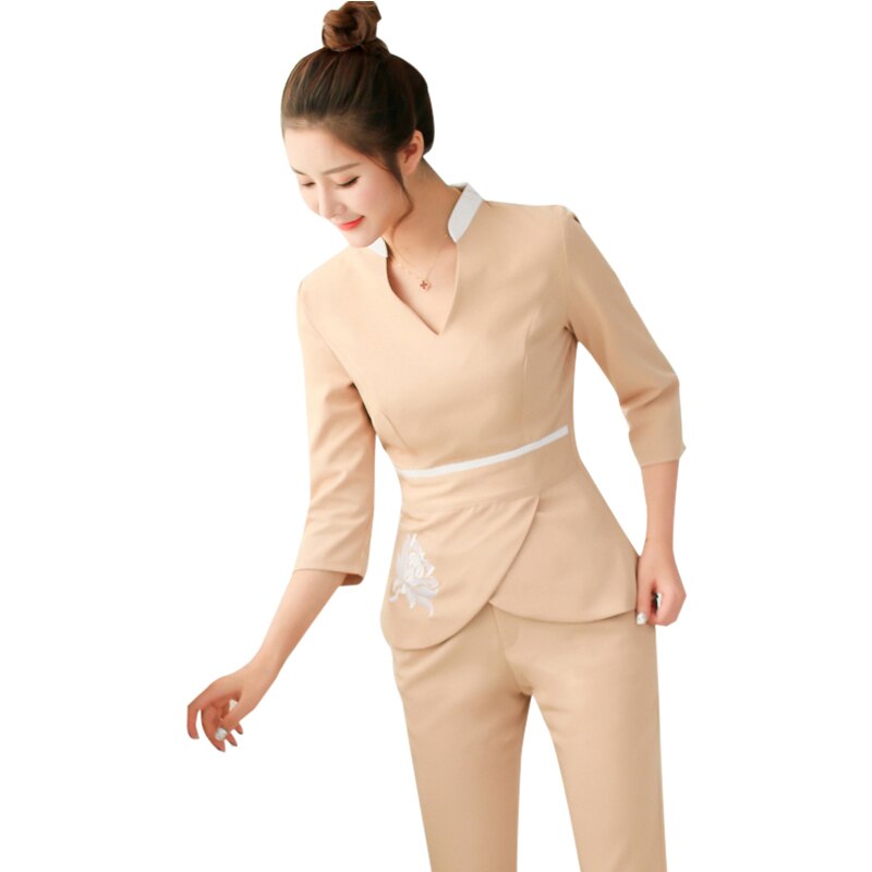 Spa uniformer kvinnor arbetskläder skönhetskläder kosmetolog skrubbar arbetskläder skönhetssalong tatuerare uniform 2 st set: Beige / Xl