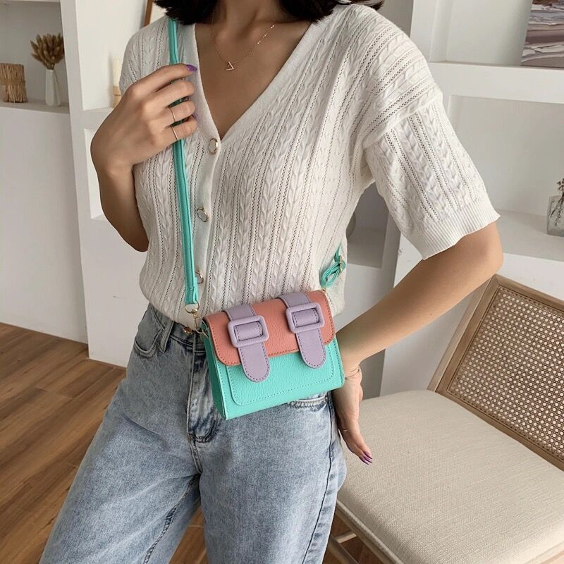 Contrast Kleur Mini Pu Lederen Crossbody Tassen Voor Vrouwen Zomer Schouder Handtassen Vrouwelijke Cross Body Bag Met: GREEN