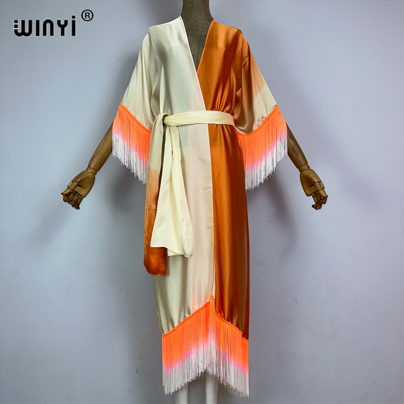 Winyi Kimono Cover-Ups Zomer Boho Geleidelijke Franje Print Bikini Cover-Up Mode Vest Sexy Kwastjes Maxi Jurk: Ivoor
