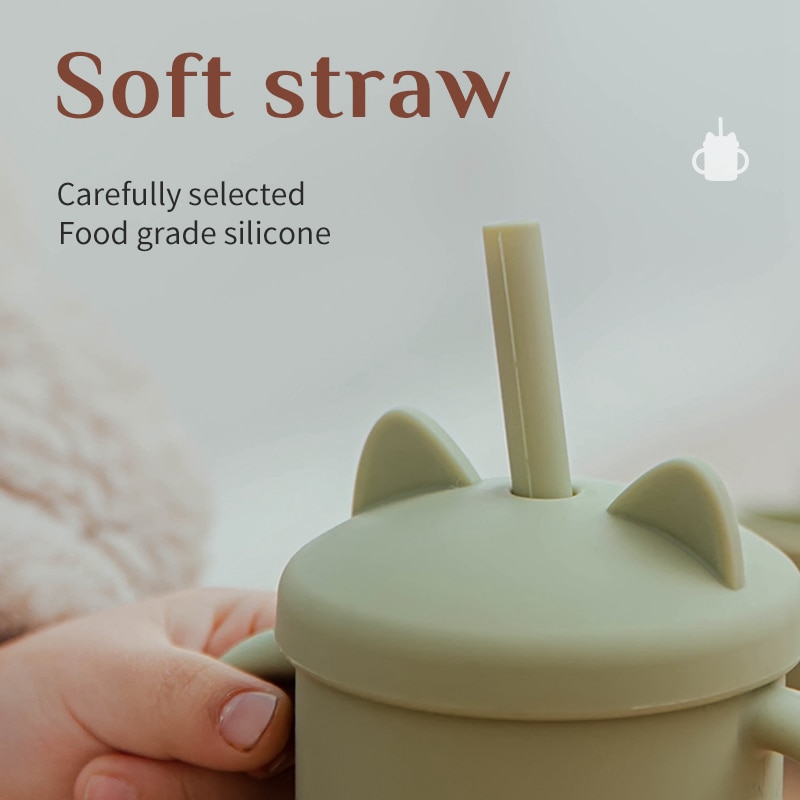 2PCS Baby Feeding Cups Silicone Drinkware Cute Cartoon Cat Sippy Cup For Toddlers Kids Sippy Cup Lids Solid With Handle Drinker