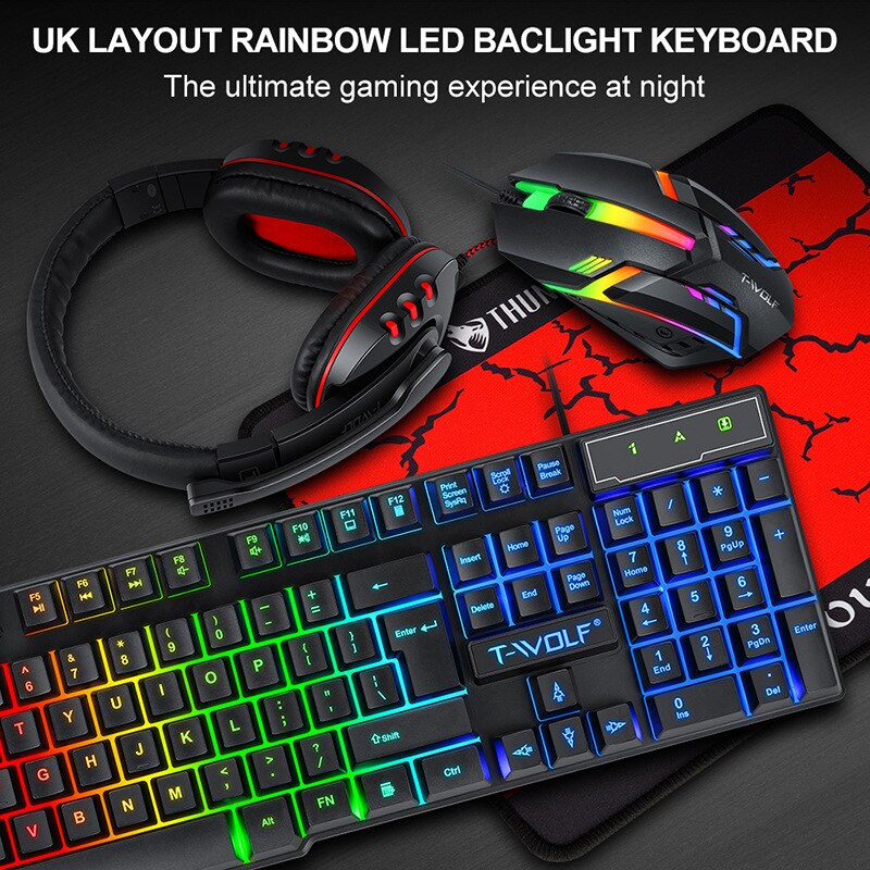 4 In 1 Gaming Keyboard Mouse Headset Set Mechanical Feeling Game 104 Keys Wire Keyboards Mice Pad Headphone Combos for PC Gamer