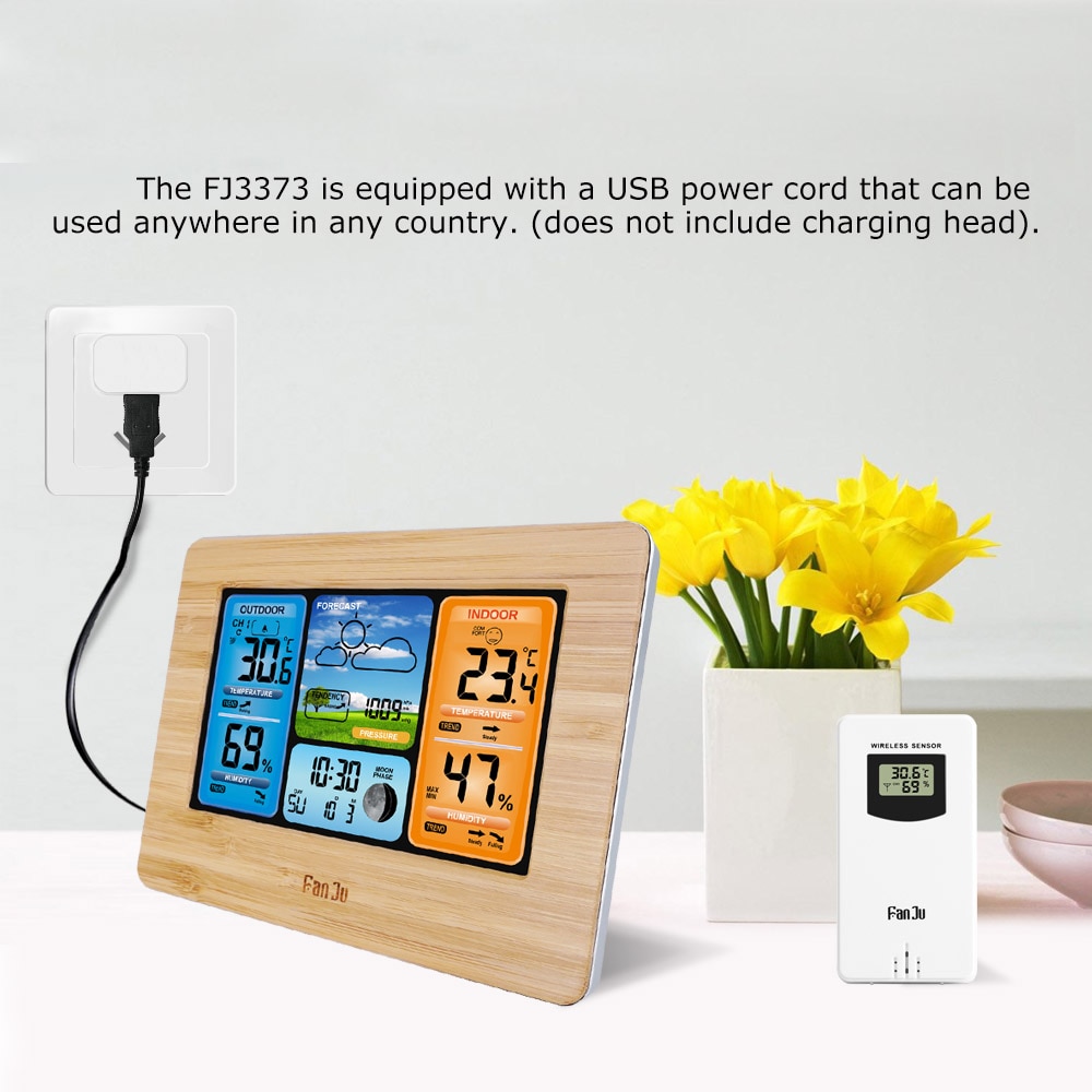 FJ3373 Wall Desk Alarm Clock Weather Station Digital Thermometer Hygrometer Wireless Sensor Forecast Temperature Watch