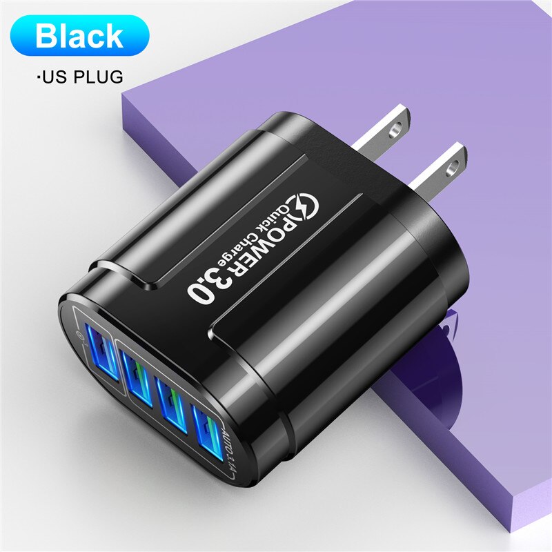 USLION USB Ladegerät 4 Ports EU/UNS Quick Charge 3,0 48W Schnelle Lade Wand Ladegerät Adapter Für Samsung xiaomi Handy Ladegerät: Black US